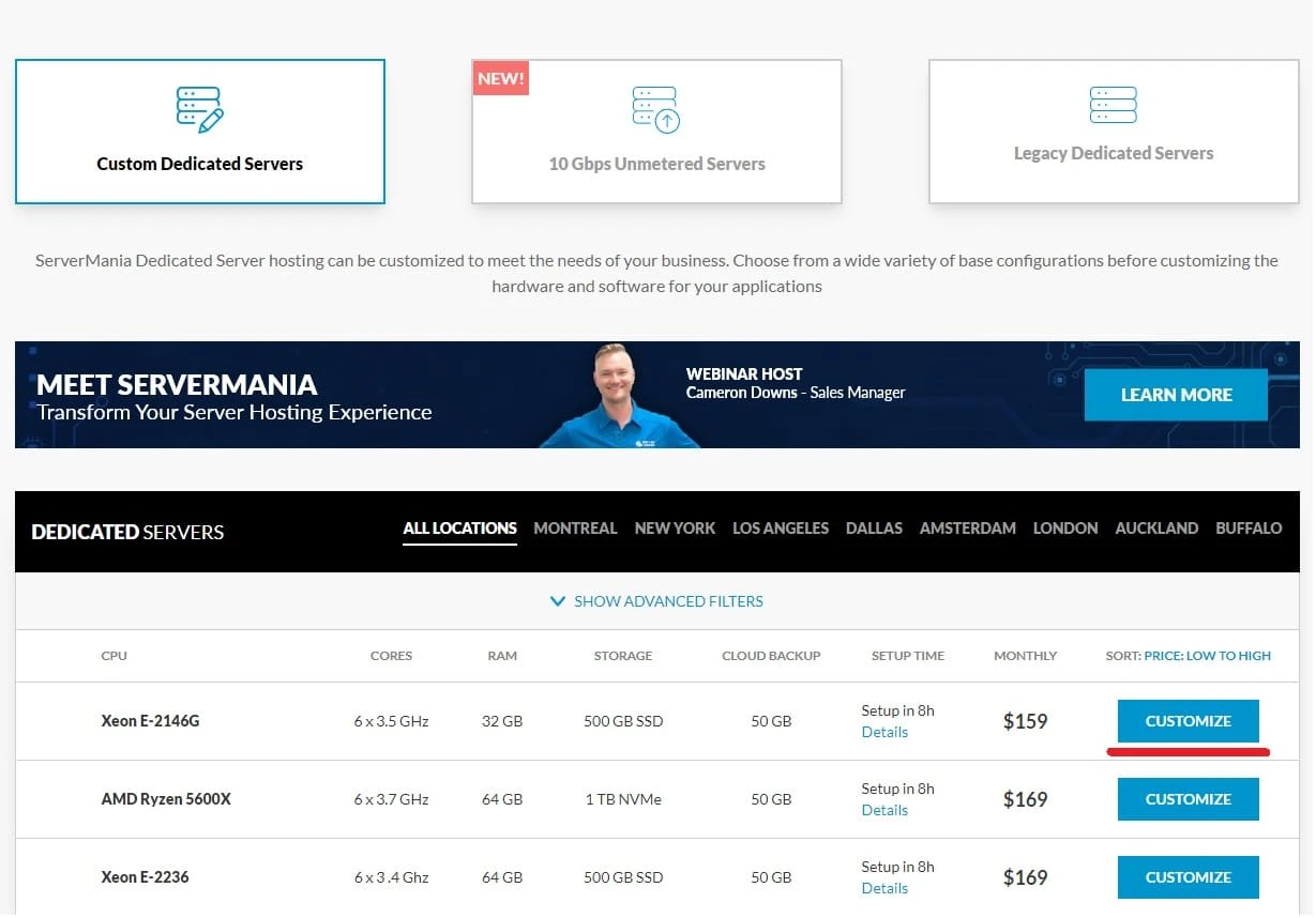 Choose your server from the available options, click the Customize button to proceed to the Hardware Configuration page.