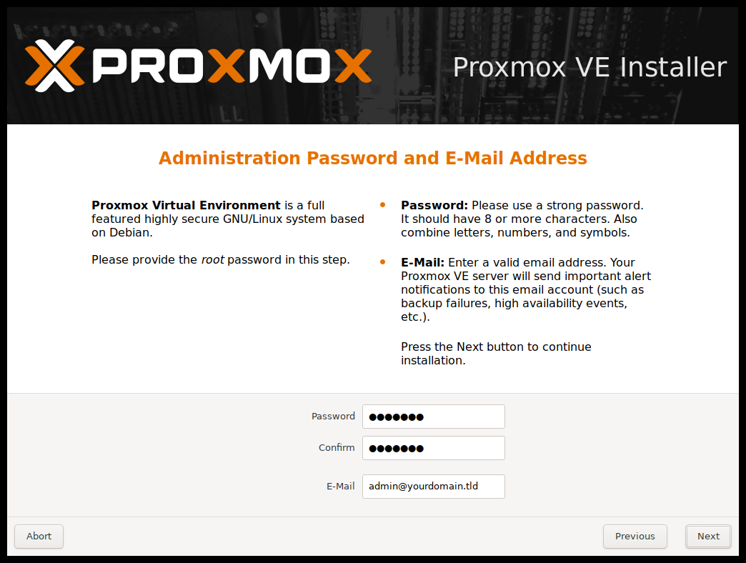 Choosing an admin password and email