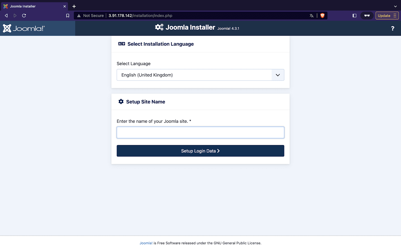 Joomla installer on the browser