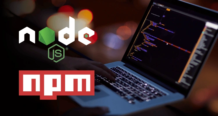 node and npm text graphic over computer